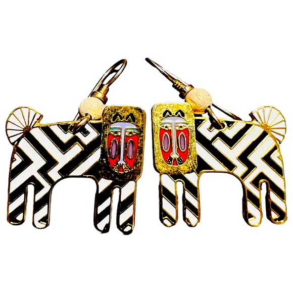 Laurel Burch Jewelry - Laurel Burch Zzzebra Earrings Vintage Black White Red Hook Eclectic Enamel 90’s